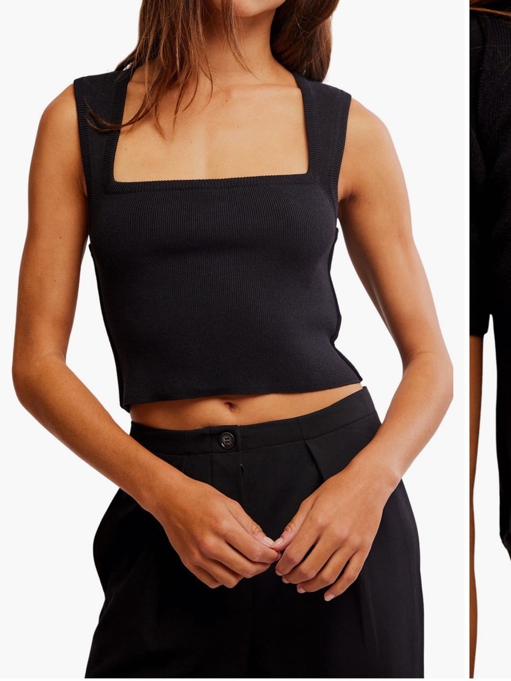 Free People Square Neck Rib Crop Top Black Stretch Wide Strap Sz L NEW